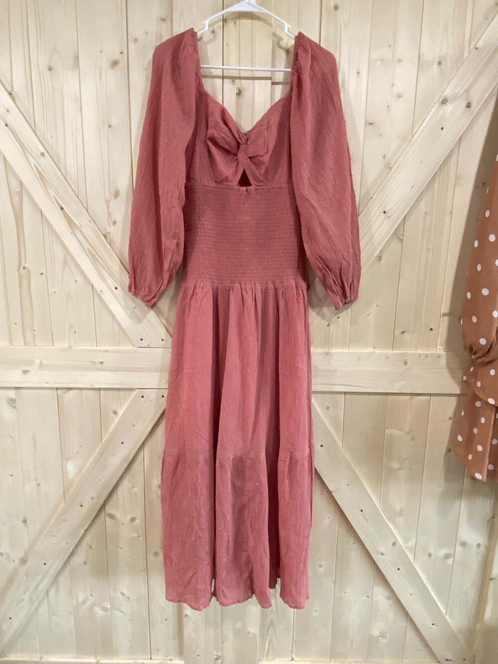INA Pink Gauze Square Neck Long Sleeve Midi Dress with Smocked Bodice medium